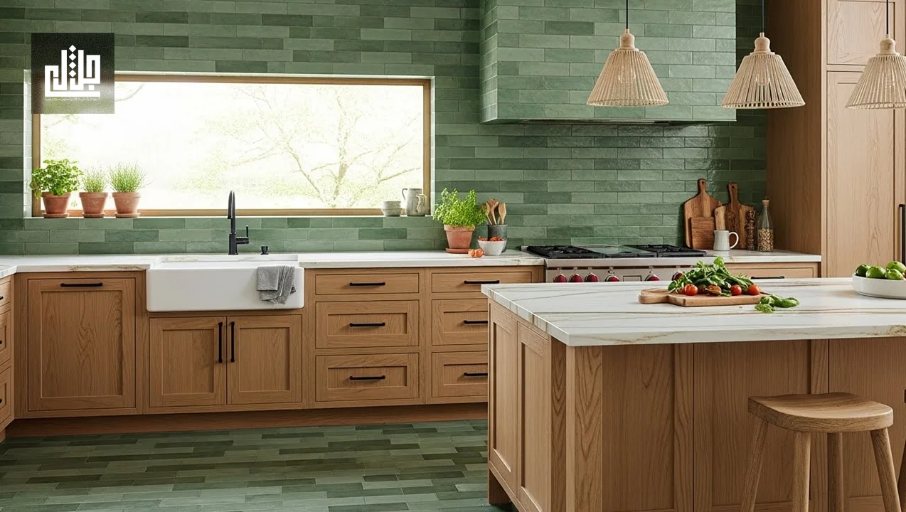 کاشی سبز در آشپزخانه؛ گرم و ارگانیک