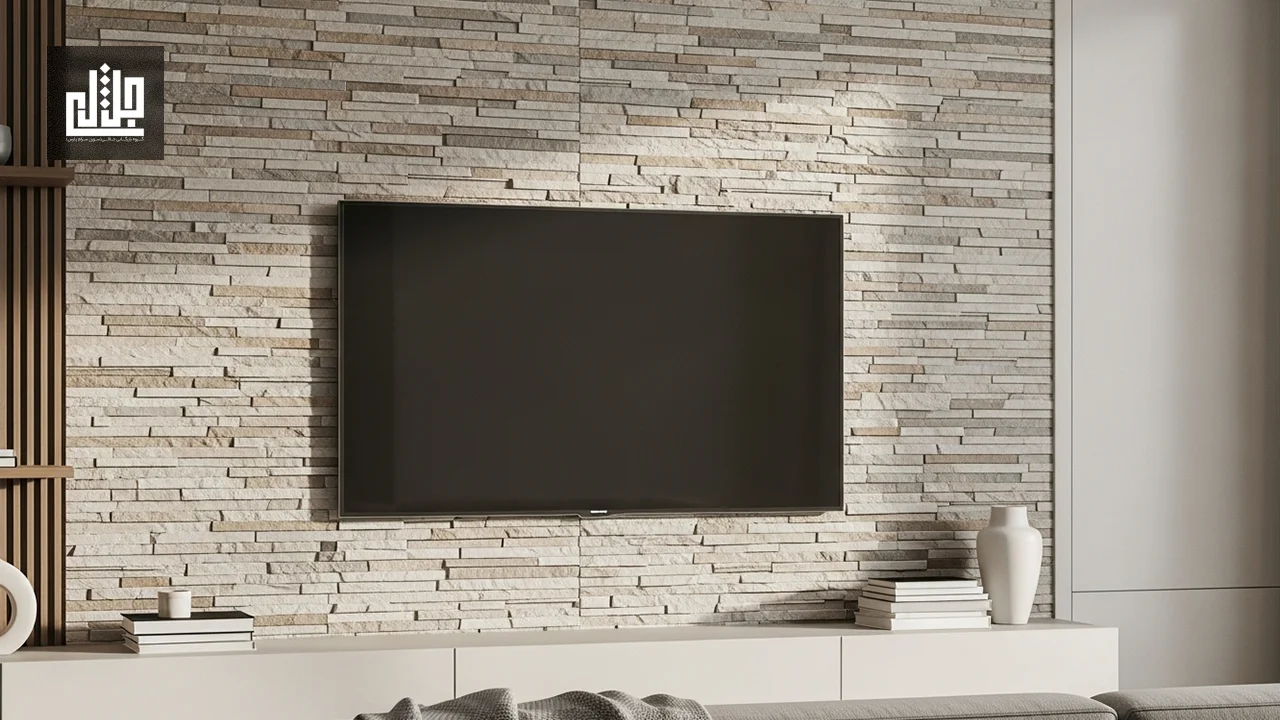 دیوار تلویزیون با کاشی طرح سنگ