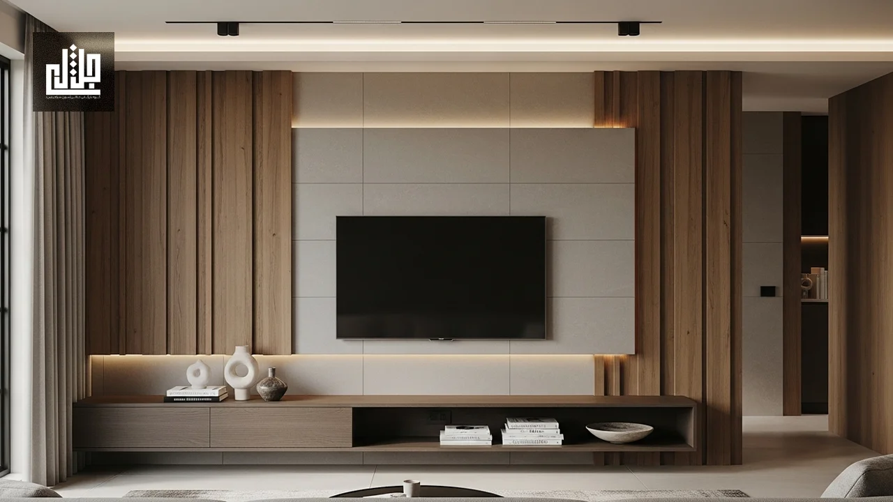 ایده ترکیب کاشی و چوب برای دیوار تلویزیون