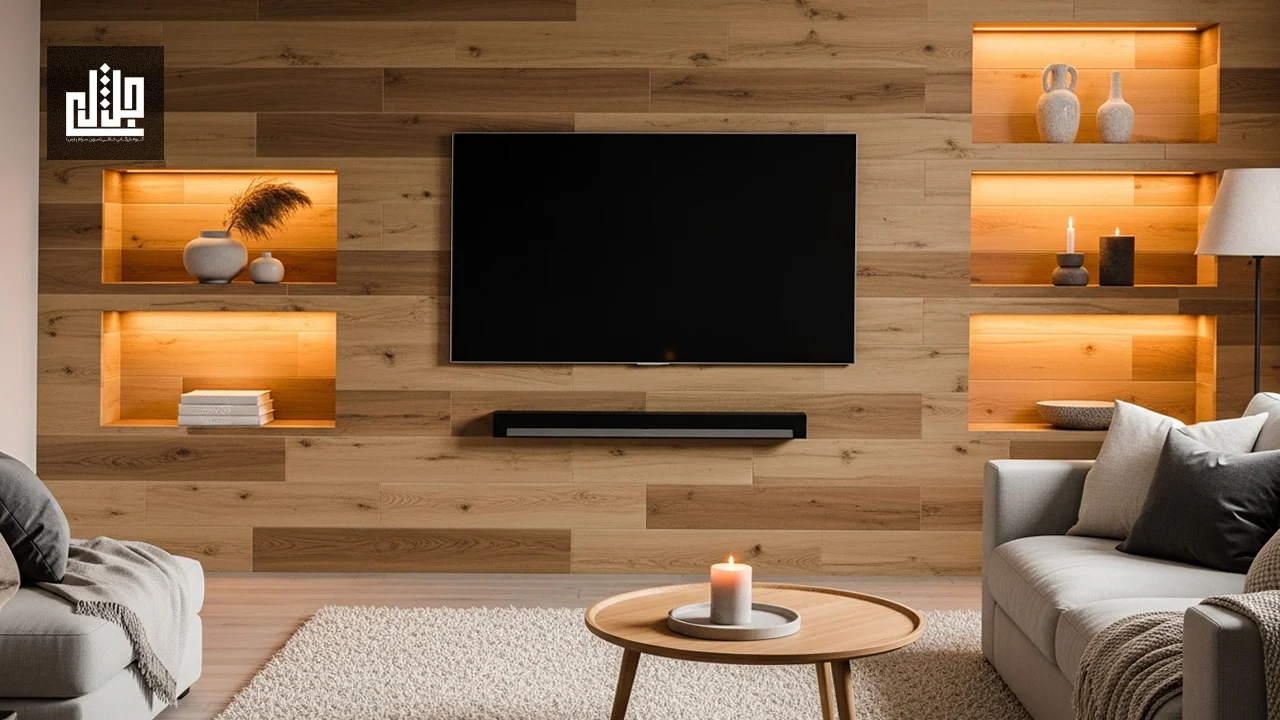 طراحی دیوار تلویزیون با کاشی طرح چوب